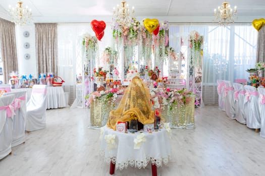 Festively decorated banquet hall. Wedding banquet hall. Ukraine, Vinnytsia, August 10 2021