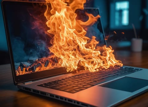 A dramatic image of a blue laptop engulfed in vivid orange and yellow flames, indicating a severe fire hazard or a metaphor for a disastrous situation.