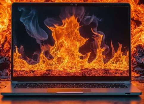 A dramatic image of a blue laptop engulfed in vivid orange and yellow flames, indicating a severe fire hazard or a metaphor for a disastrous situation.