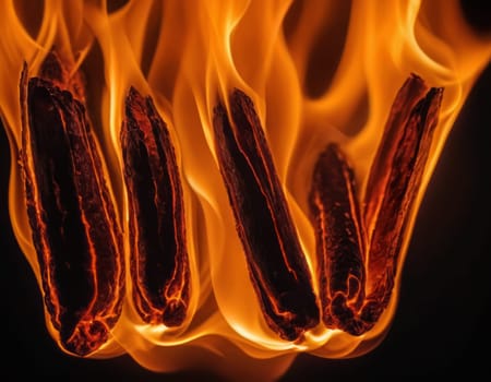 A close-up view of dynamic and intense flames in various shades of orange, yellow, and red, creating a contrast with the dark background and conveying a sense of heat and energy