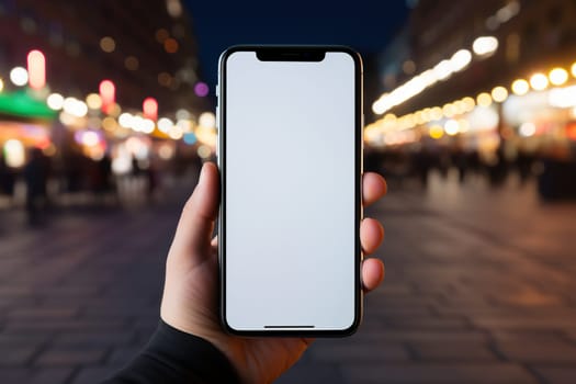 A man holds a smartphone in his hand on a city street in the evening.