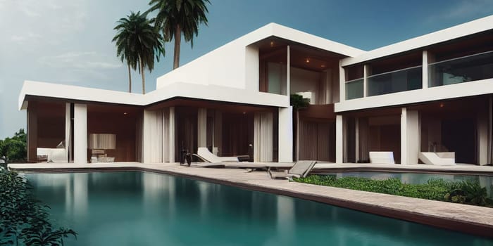 Luxury pool villa spectacular contemporary design digital art real estate , home, house and property, Generative AI illustration.