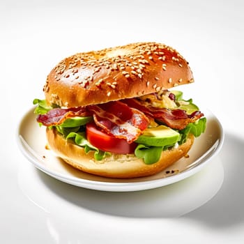 Savor breakfast bliss with a delectable burger featuring prosciutto, cream cheese, avocado, and lettuce. A tantalizing close up capturing the essence of a delightful sandwich or bagel with ham.
