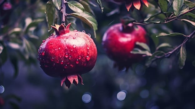 Pomegranate fruits adorned with glistening water droplets, hanging gracefully on the tree. An exquisite image celebrating the beauty of fresh and vibrant produce.