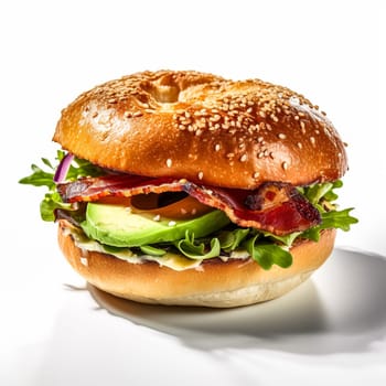 Savor breakfast bliss with a delectable burger featuring prosciutto, cream cheese, avocado, and lettuce. A tantalizing close up capturing the essence of a delightful sandwich or bagel with ham.