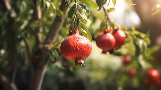 Pomegranate fruits adorned with glistening water droplets, hanging gracefully on the tree. An exquisite image celebrating the beauty of fresh and vibrant produce.