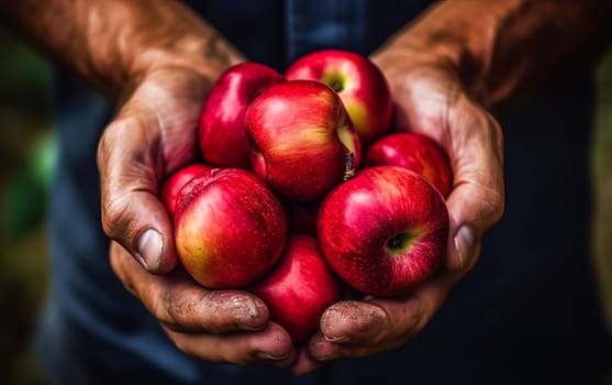 Embrace the essence of farming and natural goodness as senior hands lovingly hold red apples at home. A wholesome concept capturing the beauty of nature and fresh fruits.