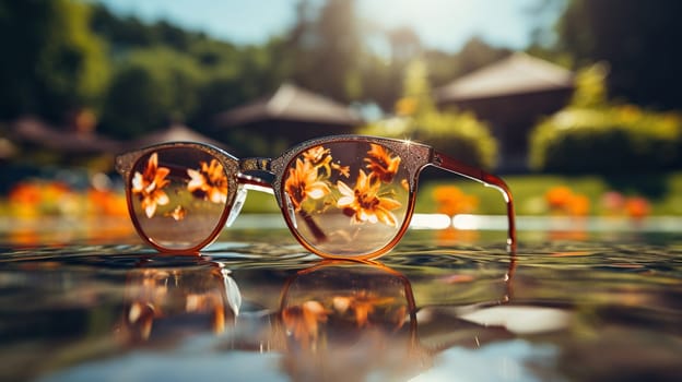 Sunglasses on a blurred summer background with golden bokeh. Summer background.