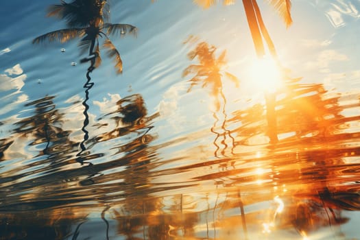 Image below and above water with a view of the seabed and palm trees.