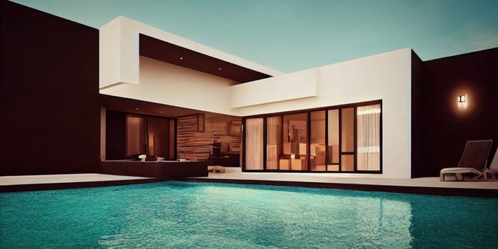 Luxury pool villa spectacular contemporary design digital art real estate , home, house and property, Generative AI illustration.