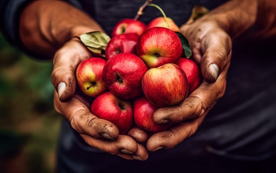 Embrace the essence of farming and natural goodness as senior hands lovingly hold red apples at home. A wholesome concept capturing the beauty of nature and fresh fruits.