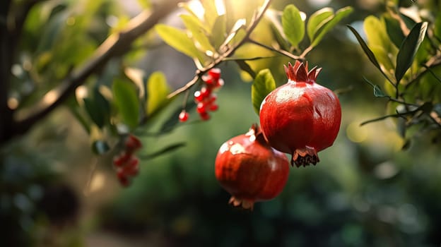 Pomegranate fruits adorned with glistening water droplets, hanging gracefully on the tree. An exquisite image celebrating the beauty of fresh and vibrant produce.