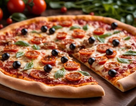 A mouth-watering image of a freshly baked pizza with a crispy crust, topped with melted cheese, pepperoni slices, black olives and fresh basil leaves, placed on a wooden surface