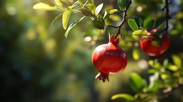 Pomegranate fruits adorned with glistening water droplets, hanging gracefully on the tree. An exquisite image celebrating the beauty of fresh and vibrant produce.