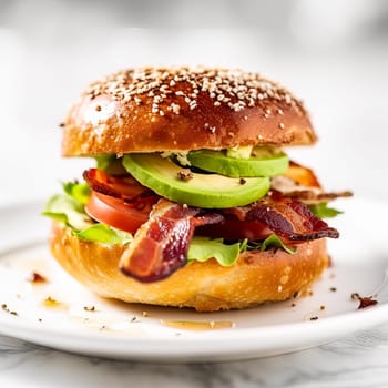 Savor breakfast bliss with a delectable burger featuring prosciutto, cream cheese, avocado, and lettuce. A tantalizing close up capturing the essence of a delightful sandwich or bagel with ham.