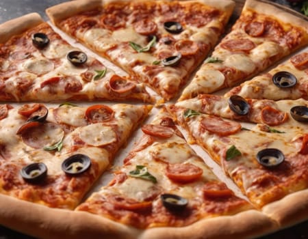 A mouth-watering image of a freshly baked pizza with a crispy crust, topped with melted cheese, pepperoni slices, black olives and fresh basil leaves, placed on a wooden surface