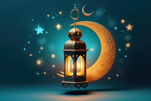 A glowing lantern beside a decorative crescent moon against a starry night background, symbolizing festivity.