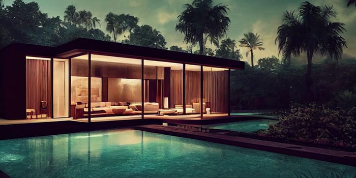 Luxury pool villa spectacular contemporary design digital art real estate , home, house and property, Generative AI illustration.