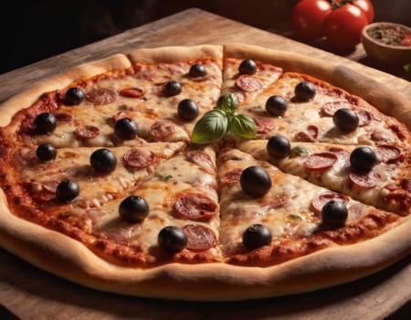 A warm and inviting image of a freshly baked pizza on a wooden board, with a fire in the background. The pizza is topped with cheese, tomatoes, olives and basil, and surrounded by whole tomatoes and a green bell pepper