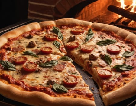 A warm and inviting image of a freshly baked pizza on a wooden board, with a fire in the background. The pizza is topped with cheese, tomatoes, olives and basil, and surrounded by whole tomatoes and a green bell pepper