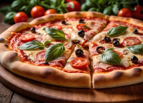 A warm and inviting image of a freshly baked pizza on a wooden board, with a fire in the background. The pizza is topped with cheese, tomatoes, olives and basil, and surrounded by whole tomatoes and a green bell pepper