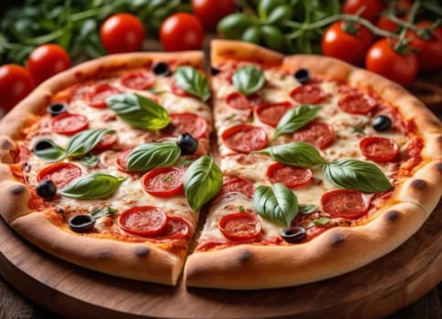 A warm and inviting image of a freshly baked pizza on a wooden board, with a fire in the background. The pizza is topped with cheese, tomatoes, olives and basil, and surrounded by whole tomatoes and a green bell pepper