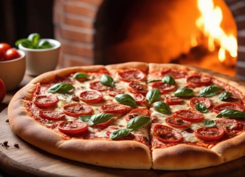 A cozy and appetizing image of a freshly baked pizza with a golden crust and melted cheese, garnished with tomatoes, olives and basil, inside a brick wood-fired oven with a glowing fire in the background
