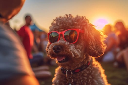 Happy Poodle Wearing Sunglasses at Sunset.