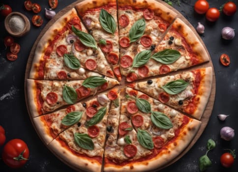 A warm and inviting image of a freshly baked pizza on a wooden board, with a fire in the background. The pizza is topped with cheese, tomatoes, olives and basil, and surrounded by whole tomatoes and a green bell pepper