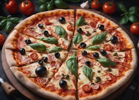 A warm and inviting image of a freshly baked pizza on a wooden board, with a fire in the background. The pizza is topped with cheese, tomatoes, olives and basil, and surrounded by whole tomatoes and a green bell pepper