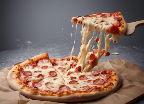 A warm and inviting image of a freshly baked pizza on a wooden board, with a fire in the background. The pizza is topped with cheese, tomatoes, olives and basil, and surrounded by whole tomatoes and a green bell pepper
