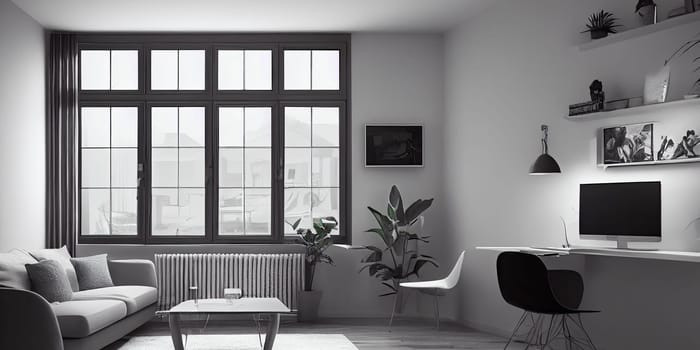 mock up poster frame in boho interior background, wooden living room design, Scandinavian style. Generative AI illustration.