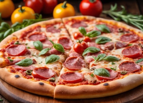 A mouth-watering image of a freshly baked pizza with a crispy crust, topped with melted cheese, pepperoni slices, black olives and fresh basil leaves, placed on a wooden surface