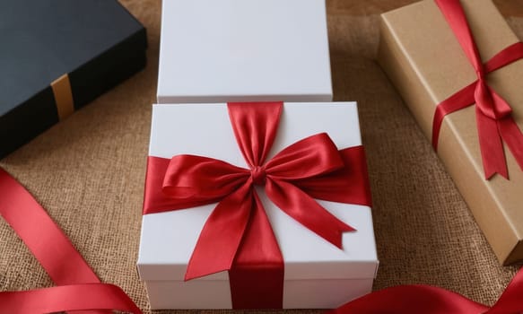 A beautifully wrapped gift adorned with a vibrant red bow sits elegantly against a backdrop of more presents and festive decorations. The scene captures the spirit of giving and the joy of the holiday season.