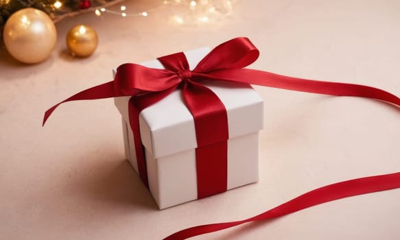 A beautifully wrapped gift adorned with a vibrant red bow sits elegantly against a backdrop of more presents and festive decorations. The scene captures the spirit of giving and the joy of the holiday season.