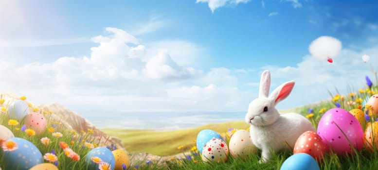 A white bunny with Easter eggs in a sunny meadow