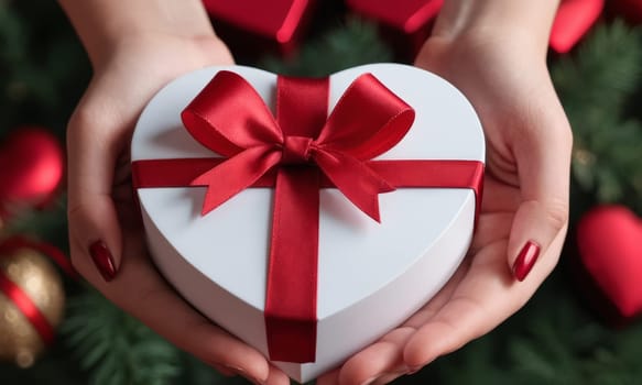 A pair of elegant hands gracefully hold a heart-shaped gift box adorned with a delicate red ribbon. The image evokes a sense of love and affection and is perfect for occasions like Valentine s Day or anniversaries.