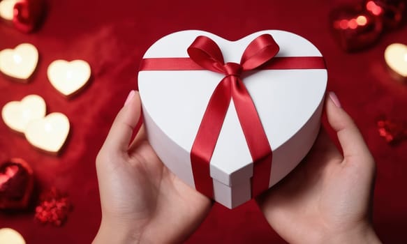A pair of elegant hands gracefully hold a heart-shaped gift box adorned with a delicate red ribbon. The image evokes a sense of love and affection and is perfect for occasions like Valentine s Day or anniversaries.