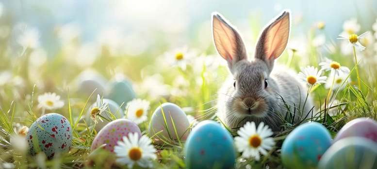 A young rabbit nestled in a meadow, surrounded by painted Easter eggs and spring flowers in the sunshine.