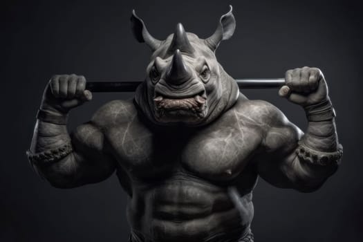 A powerful anthropomorphic rhinoceros character lifting a heavy barbell, exemplifying strength and determination.
