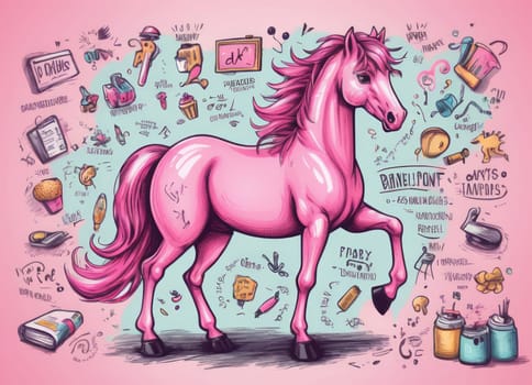 A whimsical and artistic image of a pink horse surrounded by various objects creating an eclectic and abstract theme. The image is set against a pink background that complements the color scheme of the illustration.