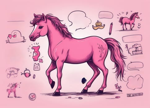 A whimsical and artistic image of a pink horse surrounded by various objects creating an eclectic and abstract theme. The image is set against a pink background that complements the color scheme of the illustration.