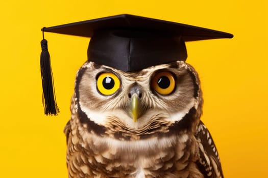 A curious owl donning a graduation cap against a vibrant yellow backdrop, symbolizing wisdom and academic achievement.