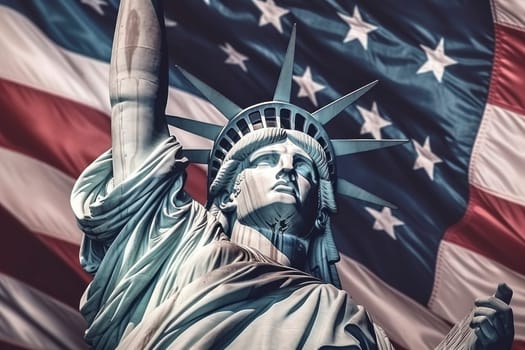 Artistic image of the Statue of Liberty with a superimposed American flag, evoking patriotism and freedom.