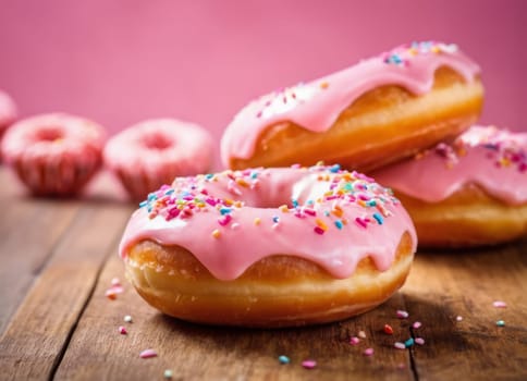 A sweet and delightful image of three freshly baked donuts with a pink icing and colorful sprinkles on top, placed on a light wooden surface. The background is painted in a gradient of pink shades, enhancing the visual appeal of the donuts