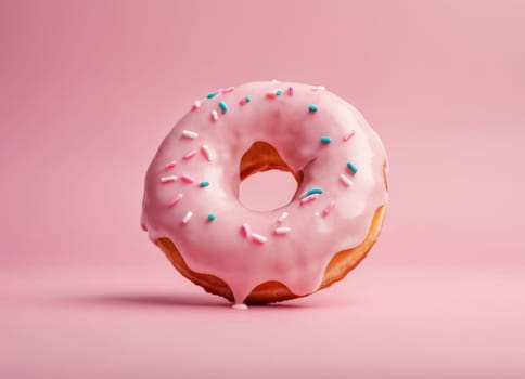 A simple and appetizing image of a donut with a glossy, smooth, pink icing and colorful candies on top, against a monochromatic pink background. The image showcases the texture and color of the donut, creating a sweet and delightful mood.