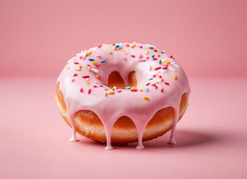 A simple and appetizing image of a donut with a glossy, smooth, pink icing and colorful candies on top, against a monochromatic pink background. The image showcases the texture and color of the donut, creating a sweet and delightful mood.