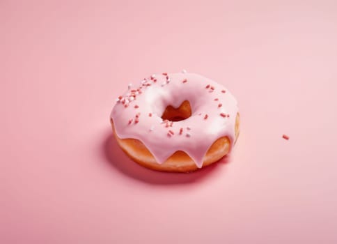 A simple and appetizing image of a donut with a glossy, smooth, pink icing and colorful candies on top, against a monochromatic pink background. The image showcases the texture and color of the donut, creating a sweet and delightful mood.