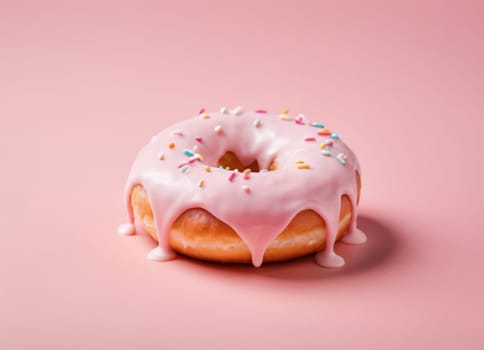 A simple and appetizing image of a donut with a glossy, smooth, pink icing and colorful candies on top, against a monochromatic pink background. The image showcases the texture and color of the donut, creating a sweet and delightful mood.