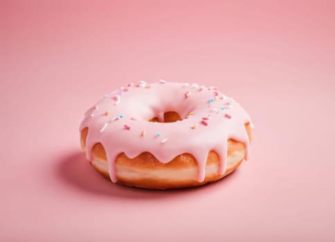 A simple and appetizing image of a donut with a glossy, smooth, pink icing and colorful candies on top, against a monochromatic pink background. The image showcases the texture and color of the donut, creating a sweet and delightful mood.